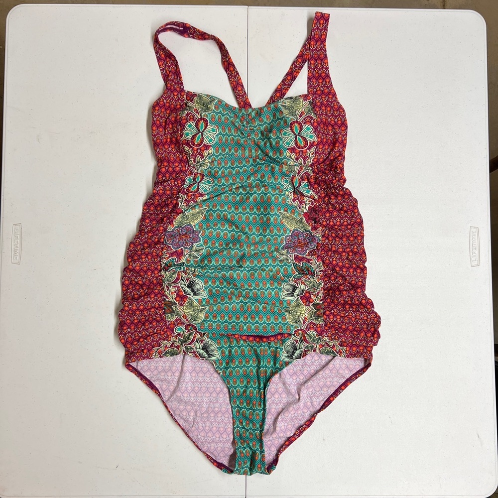 Motherhood Maturity - Red and Green Floral Swimsuit